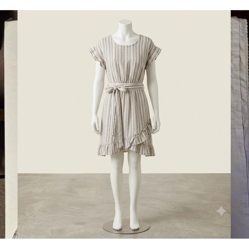 Ava James Striped Linen Blend Flutter Sleeve Ruffle Hem Dress XL Grey Nautical
